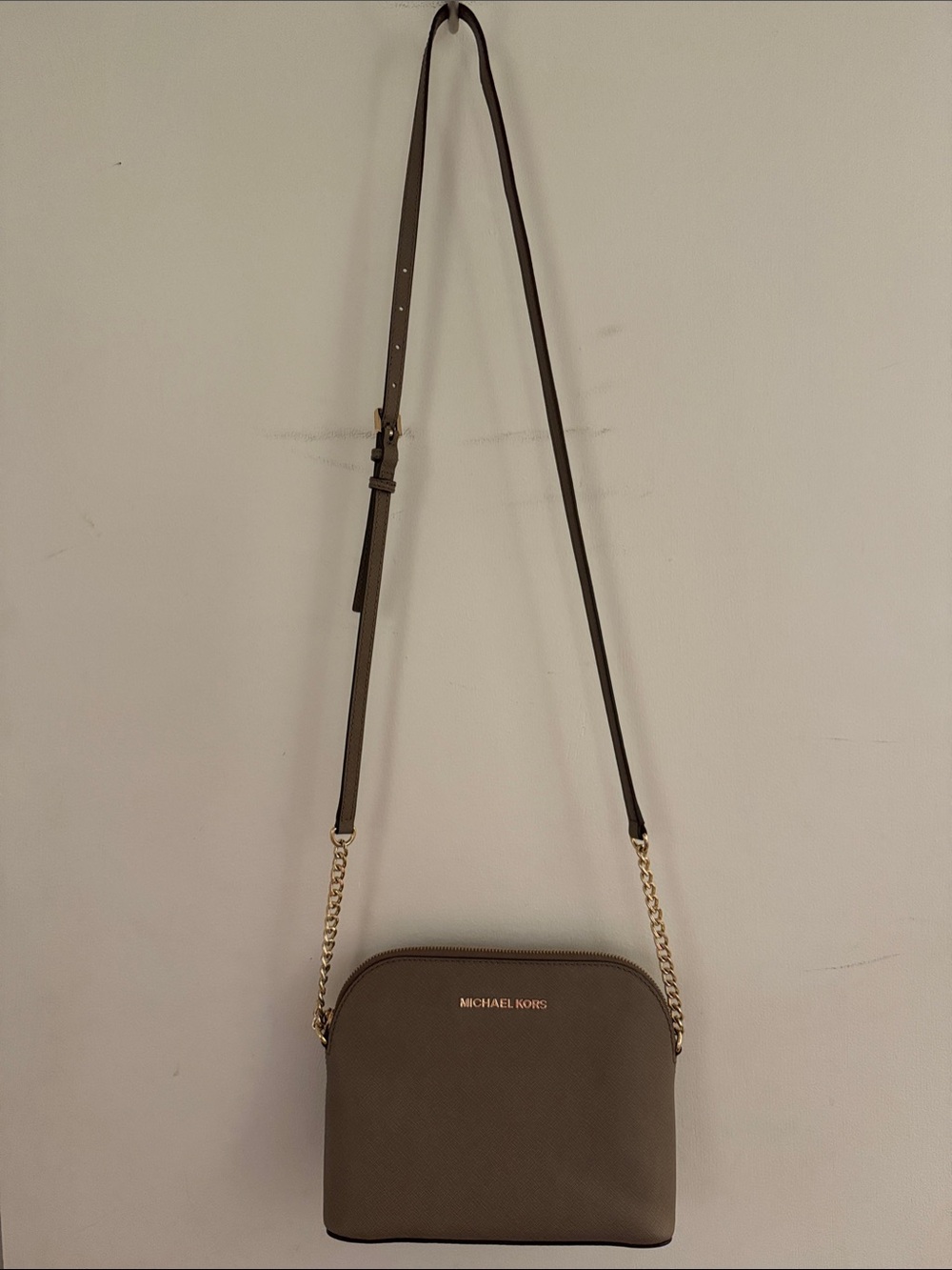 Michael Kors light brown Crossbody with adjustable with Gold Chain Strap detail